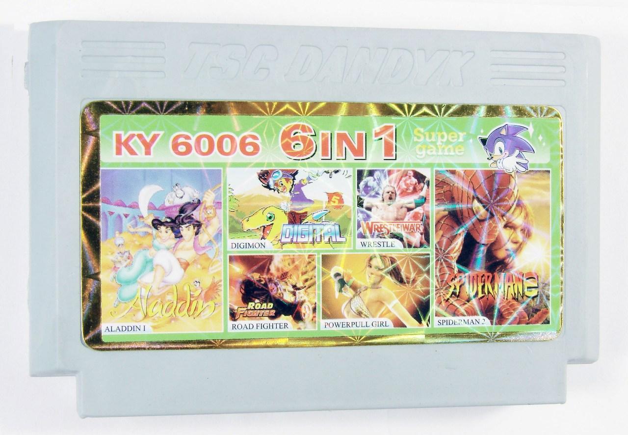    KY 6006 6 in 1 (Dendy), Aladdin, Digimon, Wrestle, Road Fighter, Powerfull girl, Spiderman 2