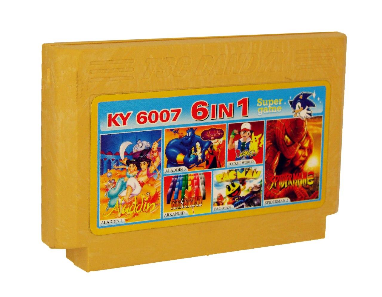    KY 6007 6 in 1 (Dendy), Spiderman 2, Pac-man, Pocket World, Arkanoid, Aladdin, Aladdin 3