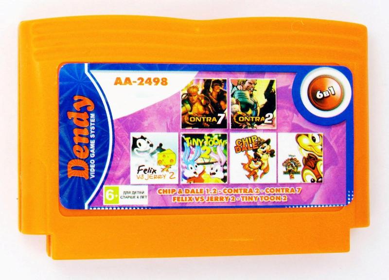    AA-2498 6 in 1 (Dendy), Contra 2,7, Filics vs Jery2, Tiny Ton 2, Chip & Dale 1,2